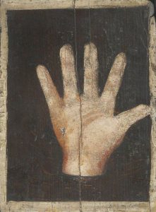 Painted outline of the Childe of Hale's hand - photo credit Brasenose College, University of Oxford