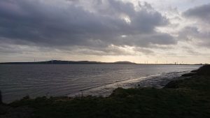 A monochromatic view of clouds over an estuary and shoreline